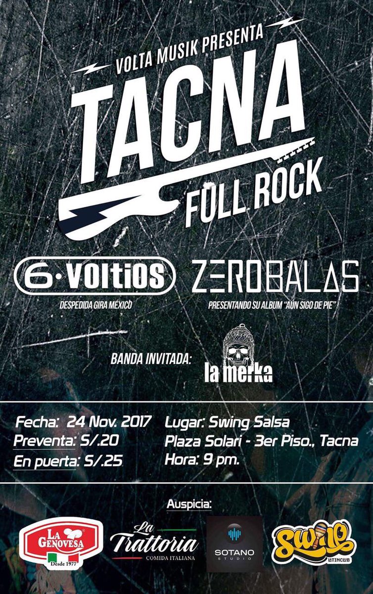 zerobalasmusica's tweet photo. Este viernes estamos en #Tacna con @6voltios https://t.co/wACuIFLnRb