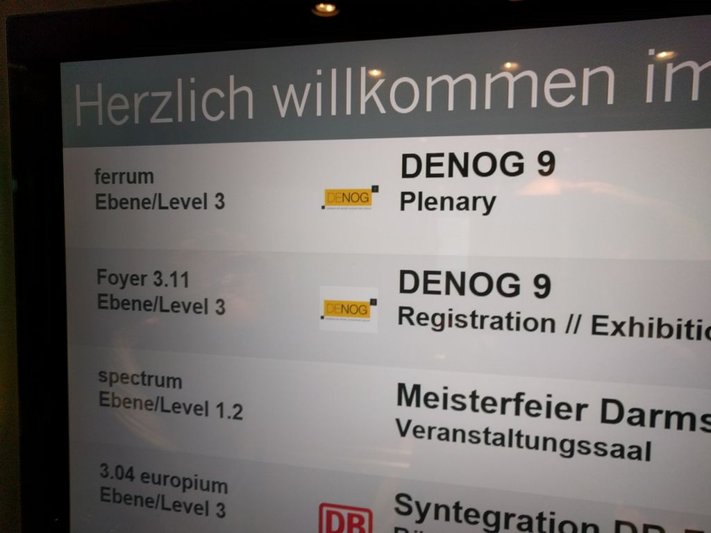 thking's tweet photo. Gerade bei der @denognews 9 angekommen. Viele bekannte und neue Gesichter! Freue mich auf die 2 Tage! #interconnection #peering #technicaldiscussions #denog9 https://t.co/7yf17PCcUI