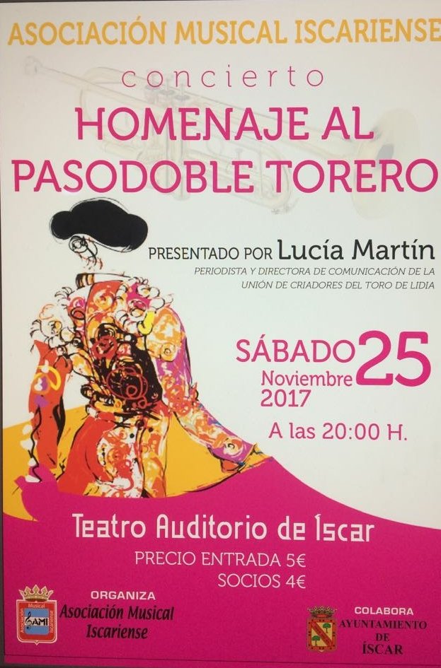 AMIscariense's tweet photo. Este sábado tenemos FAENA. No lo dudéis, id al Teatro Auditorio de Íscar a las 20:00. Será un homenaje a los 20 años que llevamos amenizando en la Plaza de Toros de Valladolid. Esperemos sacar los olés de los asistentes.
#AMI20AÑOSPLAZADETOROSVALLADOLID https://t.co/BQTM2wBaVS