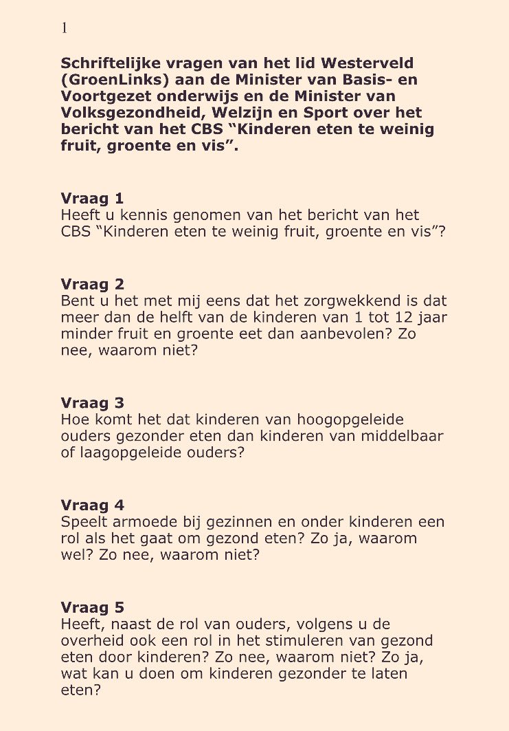 Lisawesterveld's tweet image. Meer dan de helft van de kinderen eet onvoldoende groente en fruit. Ook daarom moet de btw op gezond eten niet omhoog, maar juist omlaag.

Mijn vragen aan de regering 👇