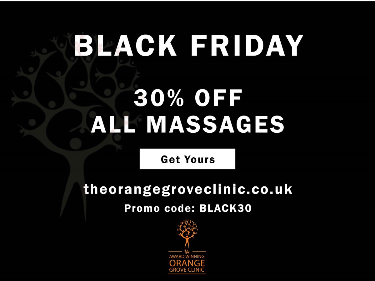 Black Friday offer! 30% off all massages. Get yours on Friday 24th November using code BLACK30. Offer on all massages and gift vouchers. bit.ly/2hNj2Js