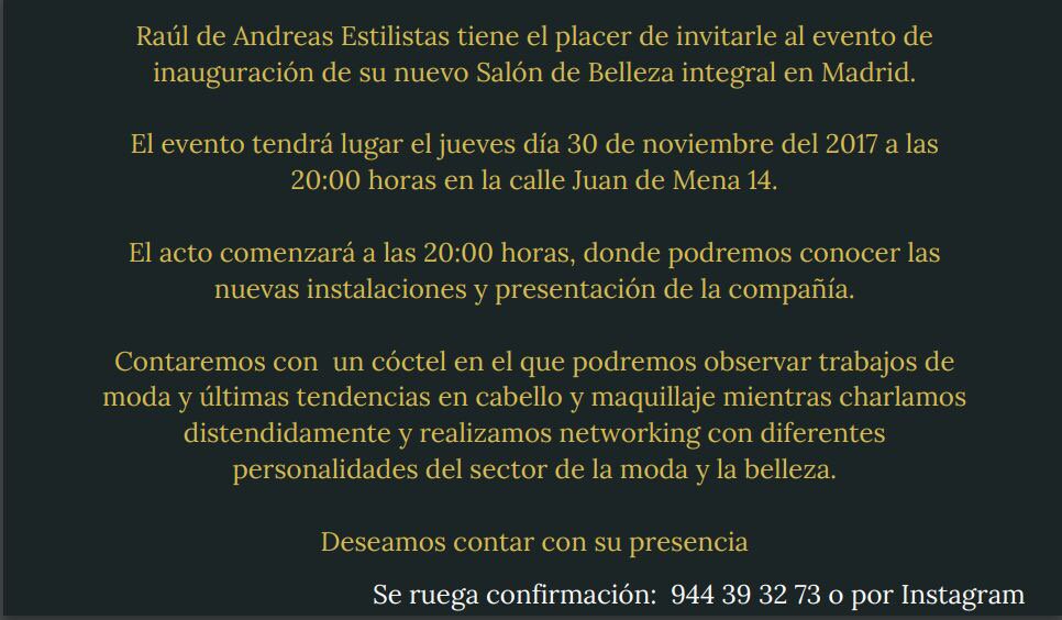 RauldeAndreas's tweet photo. Inauguración del nuevo salón en Madrid de @RauldeAndreas, C/Juan de Mena 14. Para celebrarlo juntos, el dia 30 jueves a las 20:00, te esperamos.Inauguramos con un 20% de descuento para todas aquellas personas que se acerquen la primera semana por el salón de RdAMadrid. https://t.co/gA4vbMQFIC