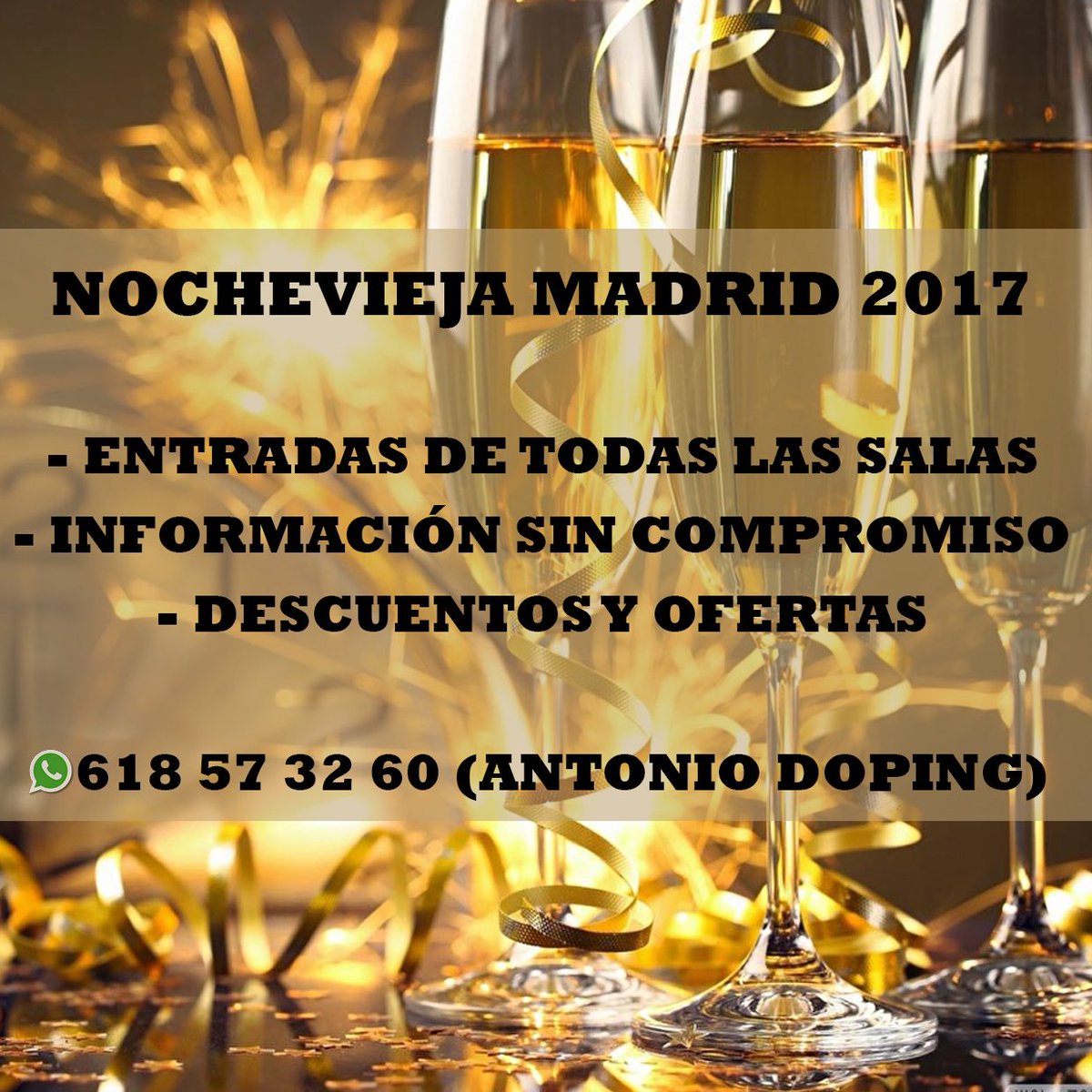 Nochevieja Madrid! Reune a tus amigos y tu vienes gratis a cualquier sala!!
Toda la info nochevieja: 618573260
Salas/Ofertas/Entradas/Trabaja como RRPP
#nochevieja #nochevieja2017 #nochecheviejamadrid #nochevieja2018