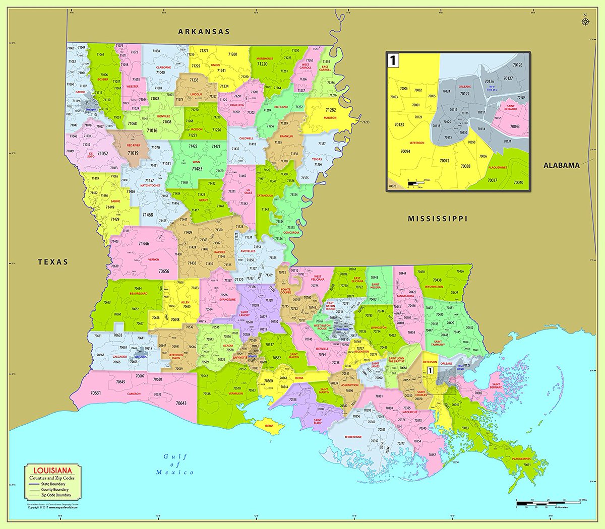 Amazon Com Louisiana Zip Code Map Laminated 36 W X 25 H Office Products