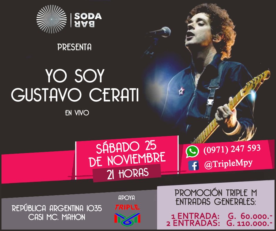 Triple M Comunicaciones cuenta con entradas a la venta a precios promocionales!!! 1 entrada por G. 60.000 y la promo de 2 entradas por G. 110.000, podés solicitar tus entradas a través del WhatsApp 0971 247 593 o a través de la fanpage de Triple M.