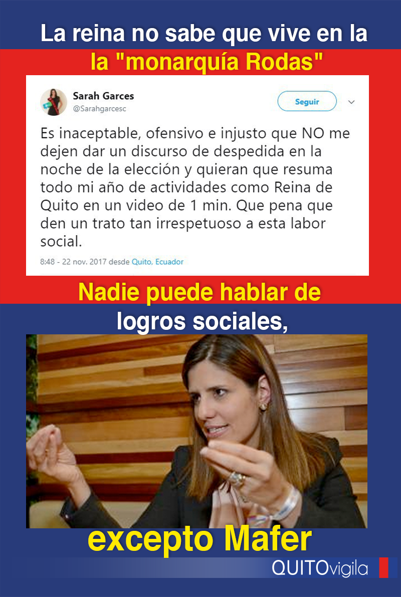 QuitoVigila's tweet photo. Ahora se queja la Reina de Quito y hace una semana lo hizo su antecesora por sentirse agredidas y engañadas. ¿Será que la #ReinaMafer, la "primera dama venezolana" de la ciudad, trata así a las cortesanas por guardar celosamente su trono? https://t.co/rwiHTYGeZR
