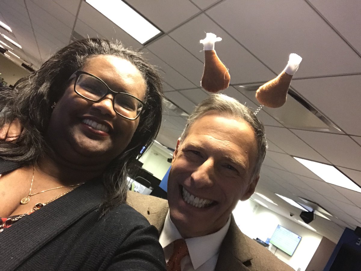Nolasugar's tweet photo. What would a #Thanksgiving at work be without #flowerbae festiveness 😂🦃🍁🥘🥂 #GobbleGobble y’all! @michaelG4NY #news4ny #news4at7 https://t.co/iyh8acBRge