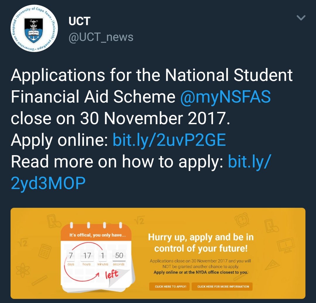 UCTReport's tweet image. Applications for NSFAS end on 30 November.