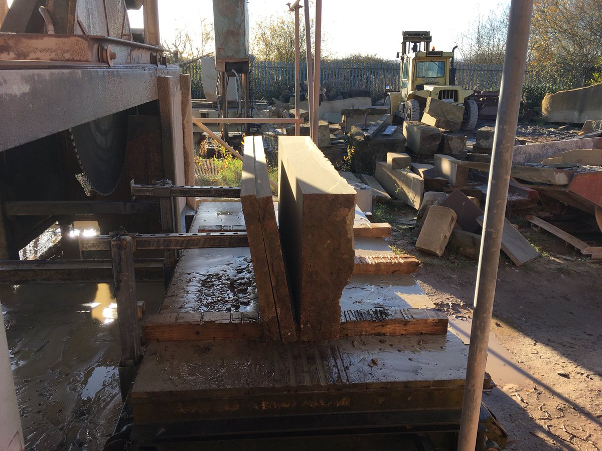 Today he a sawing a #Cefn sandstone hearth. The slabs are shown being supported by guards made by <a href="/JamesHand_Link1/">James Hand</a> #Wrexham #natural #stone