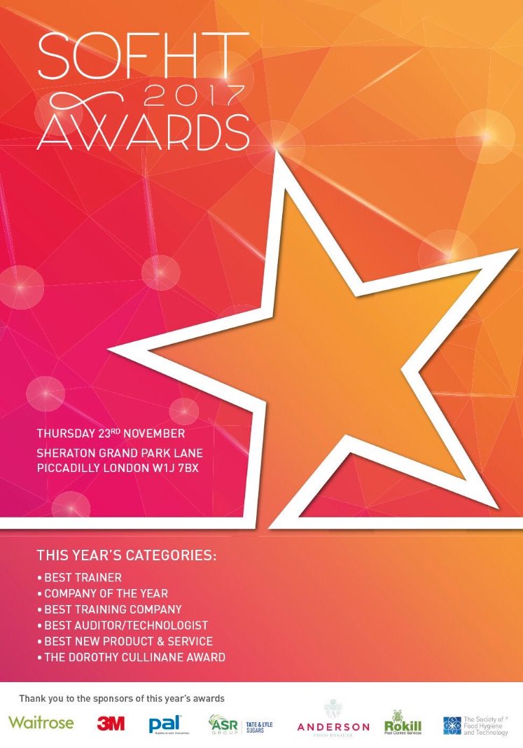 foodhygiene1's tweet photo. So looking forward to the #sofhtawards17 @SheratonPLH proud to be a Judge & Sponsor @sofhtb78 - @foodhygiene1 winner of 6 #SOFHT Awards https://t.co/vDS40x8hRC
