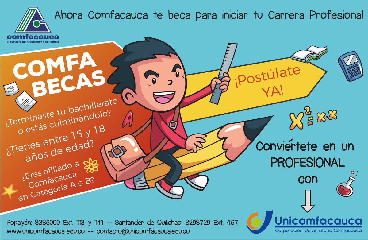 Proclama's tweet photo. Postúlate a #Comfabecas y podrás subsidiar hasta el 100% de tu carrera universitaria en Unicomfacauca. #Educación #Cauca #Unicomfacauca #NorteDelCauca #Oportunidades https://t.co/gOeeVLl6Zi