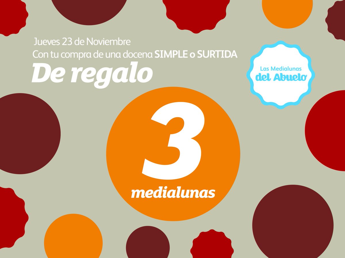 #Promo #Semana de la #Tradición
Sólo por hoy, en todos las franquicias adheridas*, con tu compra de una docena simple o surtida, te llevas 3 #medialunas de #regalo!🥐😍 ¡Un 25% más! #Gratis! #LasMedialunasdelAbuelo #LaTradiciónMásRica
*Locales adheridos: facebook.com/notes/las-medi…