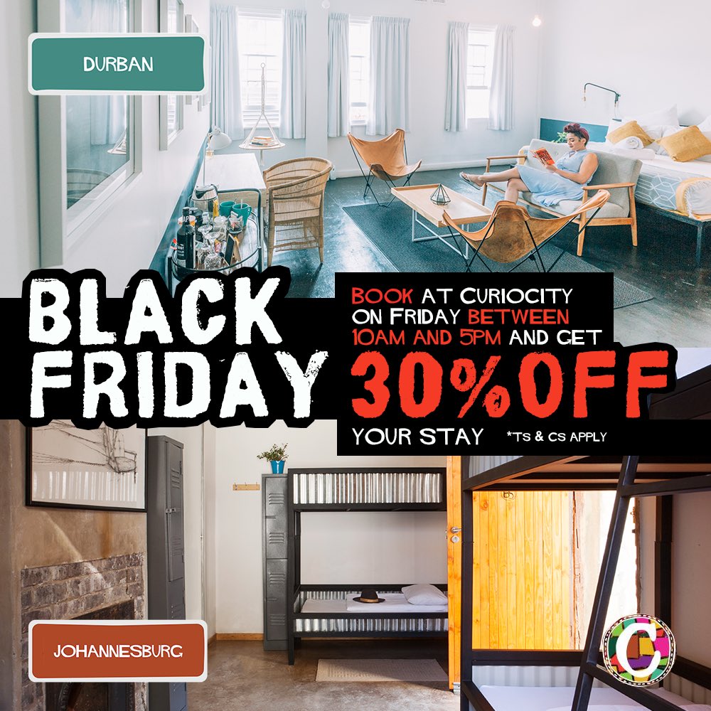 CuriocityAfrica's tweet photo. Want 30% OFF your next Curiocity stay? Book between 10am and 5pm on Black Friday for rad discounted rates!
#curiocityhostels #curiocityjoburg #curiocitydurban #poshtel #meetsouthafrica #travelnownow #explore #wedotourism #wanderlust https://t.co/ERaTKCYkit
