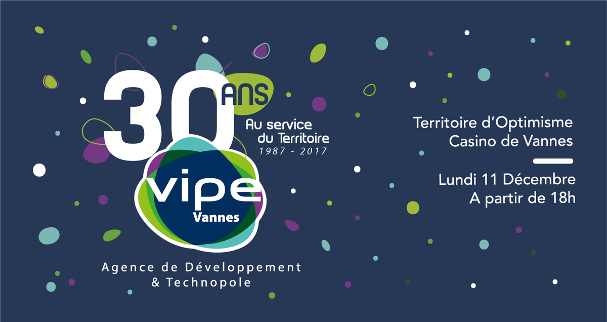 VIPEVANNES's tweet photo. 🎉 Le 11 Décembre prochain @VIPEVANNES soufflera ses 30 bougies lors de la soirée Territoire d'Optimisme au Casino de #Vannes ! #30ansVIPE
🎁 Infos et inscriptions ➡️ https://t.co/djmGRAg8TU [Inscription obligatoire - places limitées] https://t.co/mLfb4eLGsw