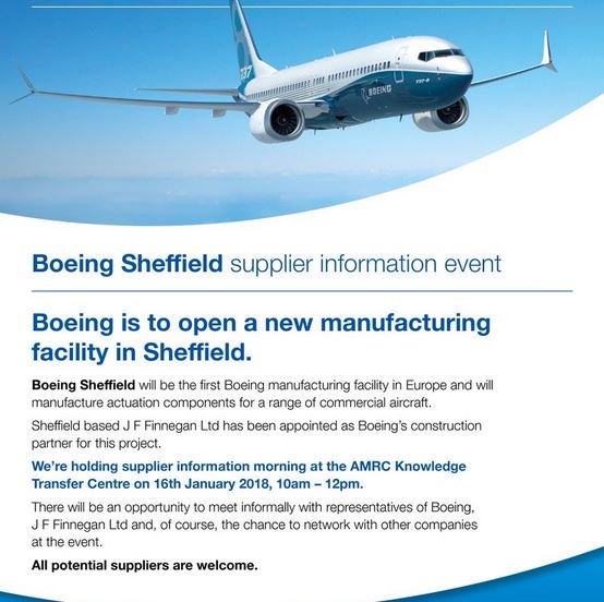 An event for potential #BoeingSheffield suppliers hosted by <a href="/BoeingUK/">Boeing UK</a> &amp; <a href="/jffinnegan/">FINNEGAN</a> will be held on 16th Jan 2018 <a href="/TheAMRC/">Advanced Manufacturing Research Centre</a>. All potential suppliers welcome to attend. Click here fore more info goo.gl/E5ttmg @InvestSheffield <a href="/TheAMRC/">Advanced Manufacturing Research Centre</a> @AMRCtraining