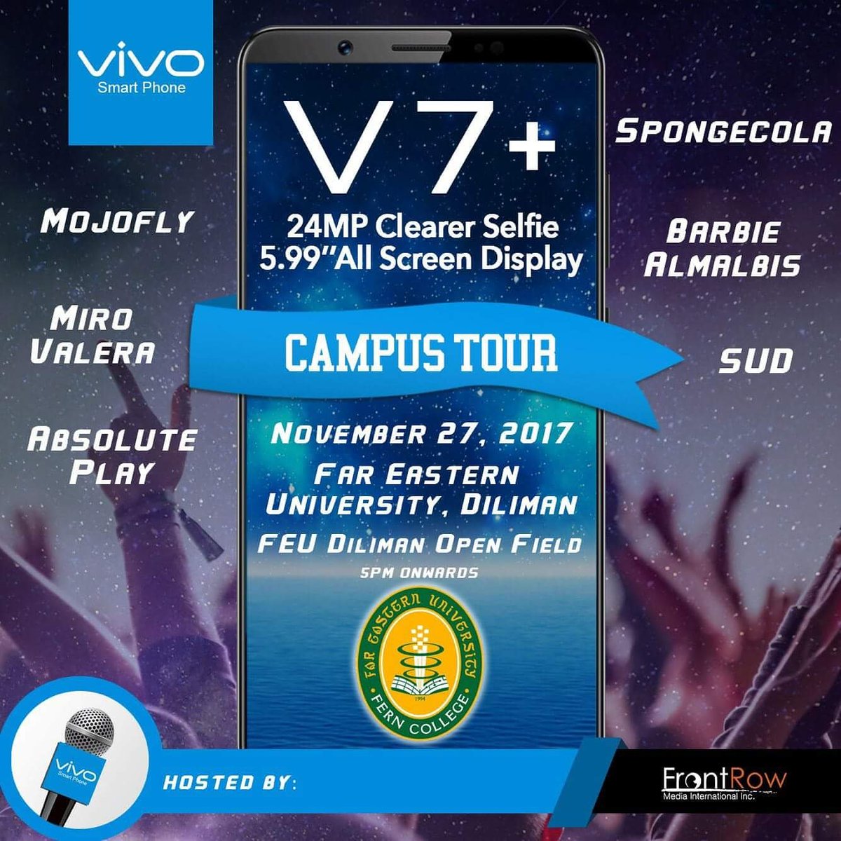 site_feu's tweet photo. ViVo invites you to watch their concert on November 27, 5pm at the FEU Diliman Open Field! This is for free so let's go and jam with the best OPM bands!
#vivo #fernivale #orgfair2017 https://t.co/0cfjEtUebE
