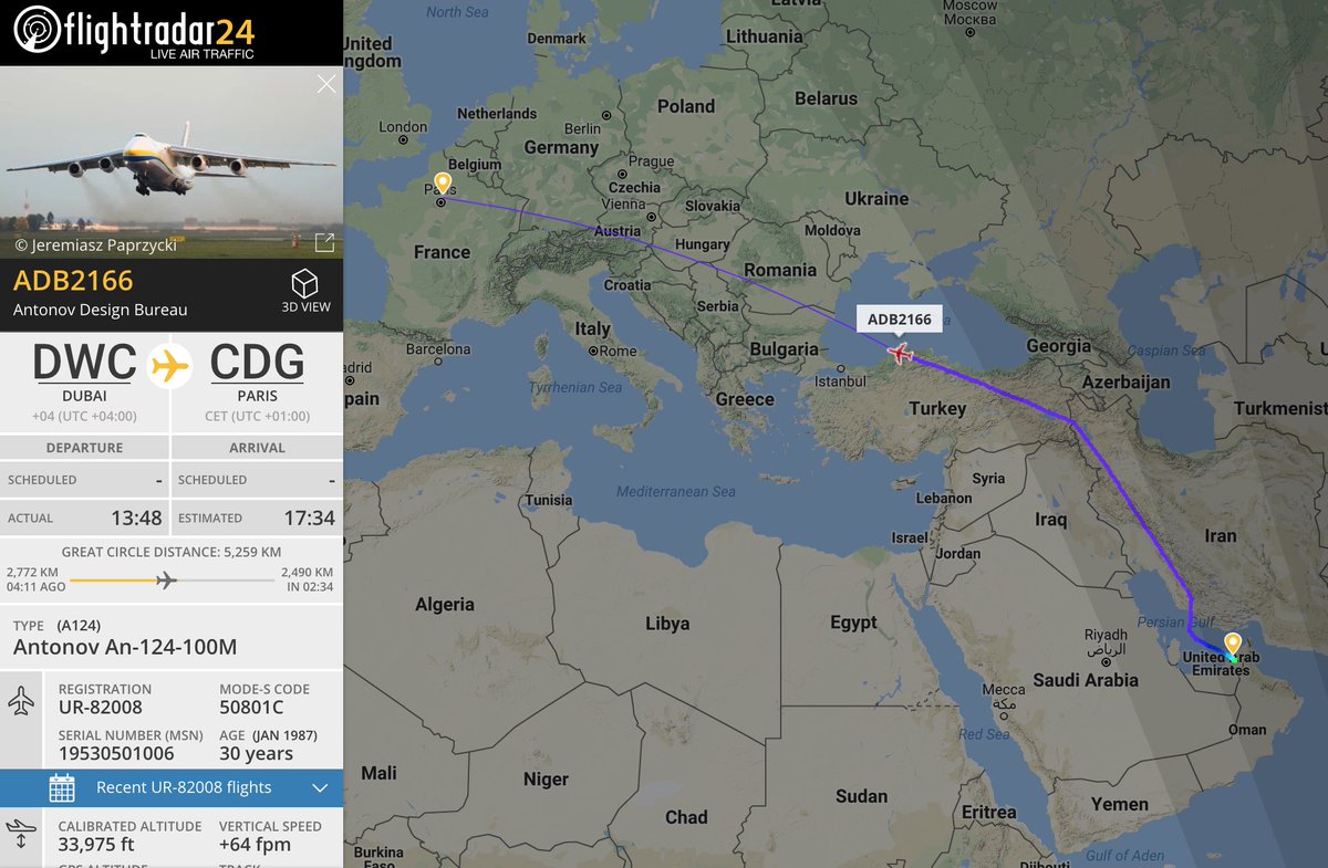 flightradar24's tweet image. 🔧 Leg 1 of the of #AF66 engine ferry en route. 

@AirlinesAntonov #ADB2166 on its way to Paris, then on to Goose Bay.

Follow live at flightradar24.com/ADB2166/f9e70e1