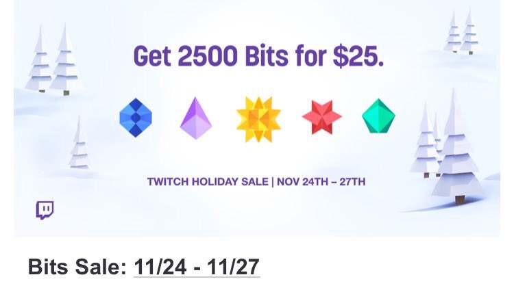 DanglesTV2's tweet photo. Great bits sale from @Twitch 

Great way to support streamers and get cool badges by your names

Nov 24-27th https://t.co/35zABf3rrI