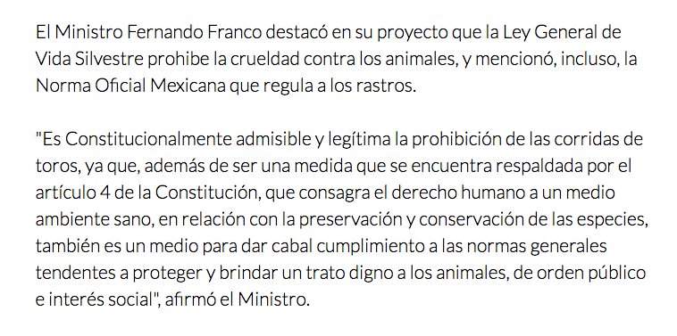 mmsoriano's tweet photo. Esto dice en su proyecto el ministro Fernando Franco de la @SCJN. Las #corridas de #toros en #México están casi muertas. #CoahuilaPusoElEjemplo @animalprotect5 @Tlahuicole1318 @Animalestrato @AnimaNat_Mexico @IA_Mexico @Leganimal_Mx @APASDEM  @HSI_Mexico @AdoptameNaucal1 https://t.co/Lc3cBL4fPL