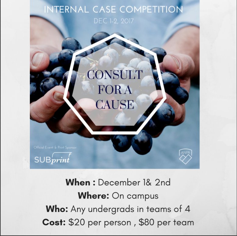 ANPAualberta's tweet photo. We still have a bunch of open spots for our Internal Case Competition- come see us today on the 2nd floor of business to sign up! Come get involved &amp; learn more about NFP's by kicking butt in a case comp ! https://t.co/3g7g6UuzYE
