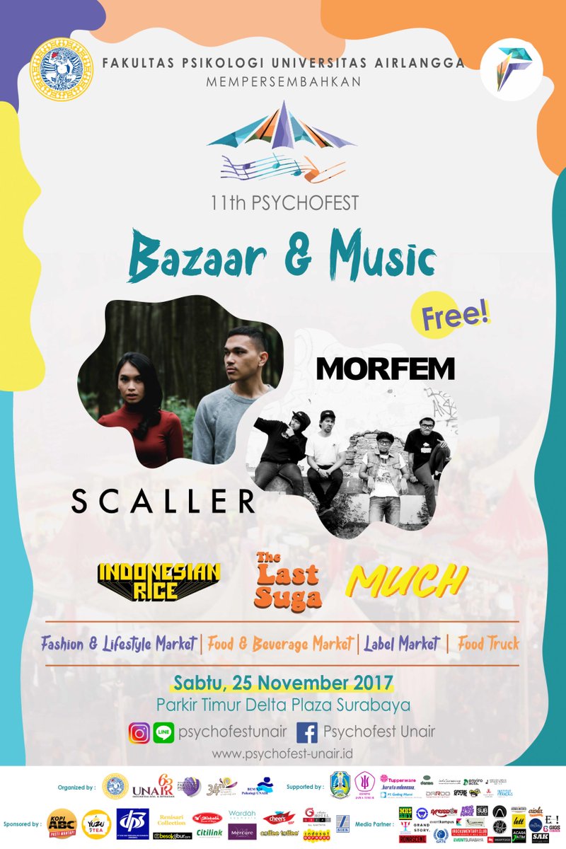 #UpcomingEvent: 11th Psychofest: Bazaar &amp; Music w/ <a href="/SCALLER_ID/">S C A L L E R</a> <a href="/morfem_band/">morfem_band</a> <a href="/indonesian_rice/">Indonesian Rice</a> The Last Suga &amp; <a href="/muchband_/">Much</a> | Nov 25th 2017 | Parkir Timur Delta Palza Sby | Free