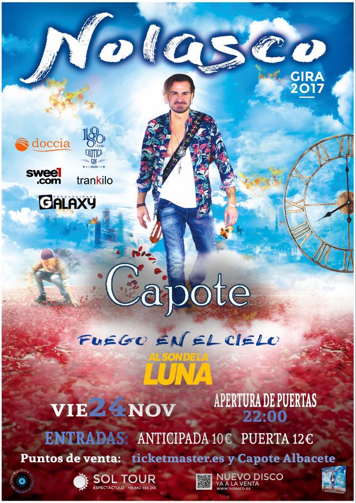 ¡Solo falta 1 día!

Mañana viernes tendremos a Nolasco en concierto en Capote presentando su último trabajo "Fuego en el cielo". Además actuará el grupo "Al son de la Luna".

Todavía puedes conseguir tus entradas en ticketmaster.es o en Capote.

¡No te lo pierdas!