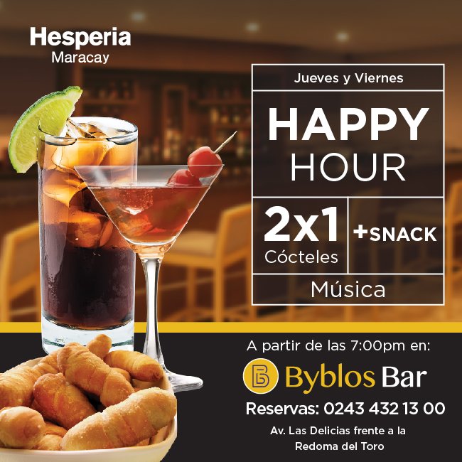 HesperiaVE's tweet photo. Únete a nosotros y disfruta del 2x1 que #Byblosbar tiene para ti. Te esperamos todos los jueves y viernes en el #HesperiaMaracay #PaquetesHesperia https://t.co/ynrNMkwsP5