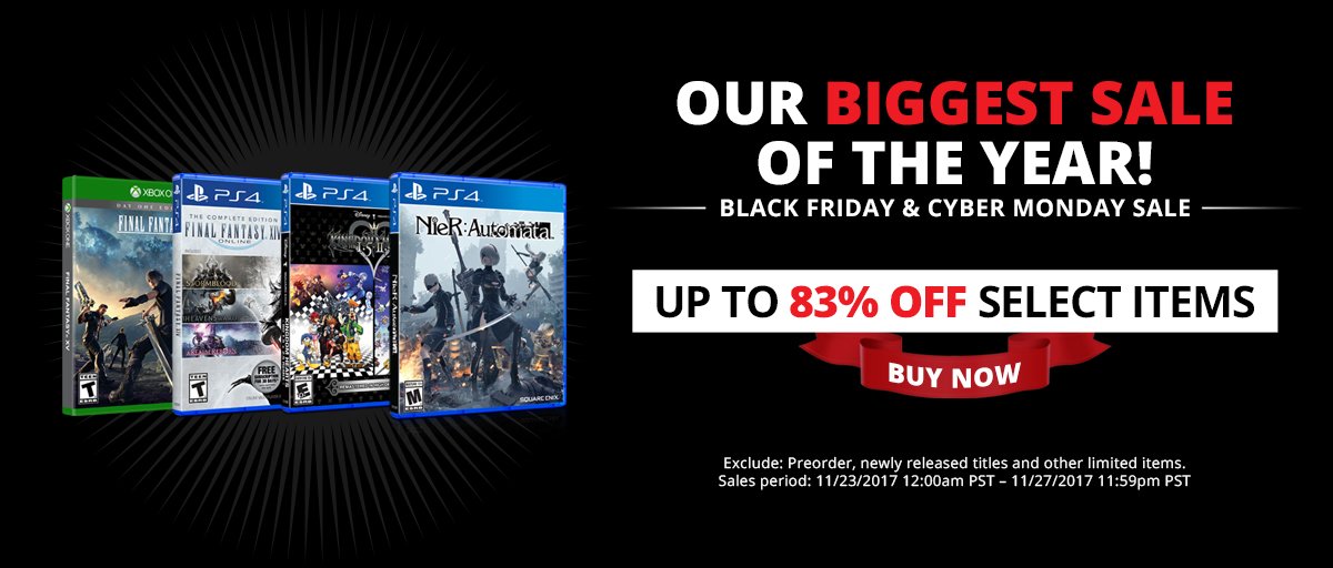 NieRGame's tweet image. "Every day's a sale! Every sale's a win!" Get in on the @SquareEnix Black Friday and Cyber Monday sale now through November 27th!  
Share the gift of savings to gift your loved ones... and maybe treat yourself? 
Visit us: goo.gl/i4ZYHP