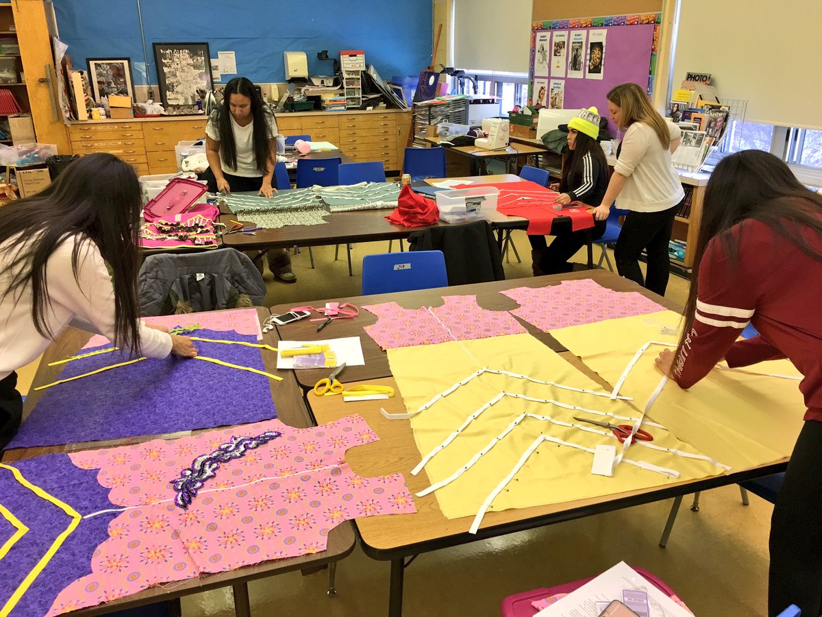 Grade 10 DFC girls are making their own jingle dresses, learning hands-on skills + cultural teachings from local anishinabe <a href="/mylakehead/">Lakehead University</a> student Cheryl Suggashie. #DFC #students #tbay #anishinabe #teachings