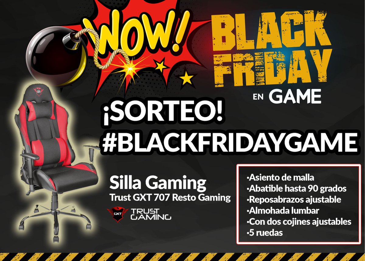 VideojuegosGAME's tweet photo. ¡SORTEO!

RT + Cita con #BlackFridayGAME a un amigo al que le recomendarías nuestras ofertas Black Friday

Gana esta Silla Gaming @TrustGamingGXT💪

Todas nuestras ofertas de #BlackFriday 👉https://t.co/vJGoSl94NX

Legal 👉https://t.co/rkAy6LwjOV https://t.co/ywVSB1taQR