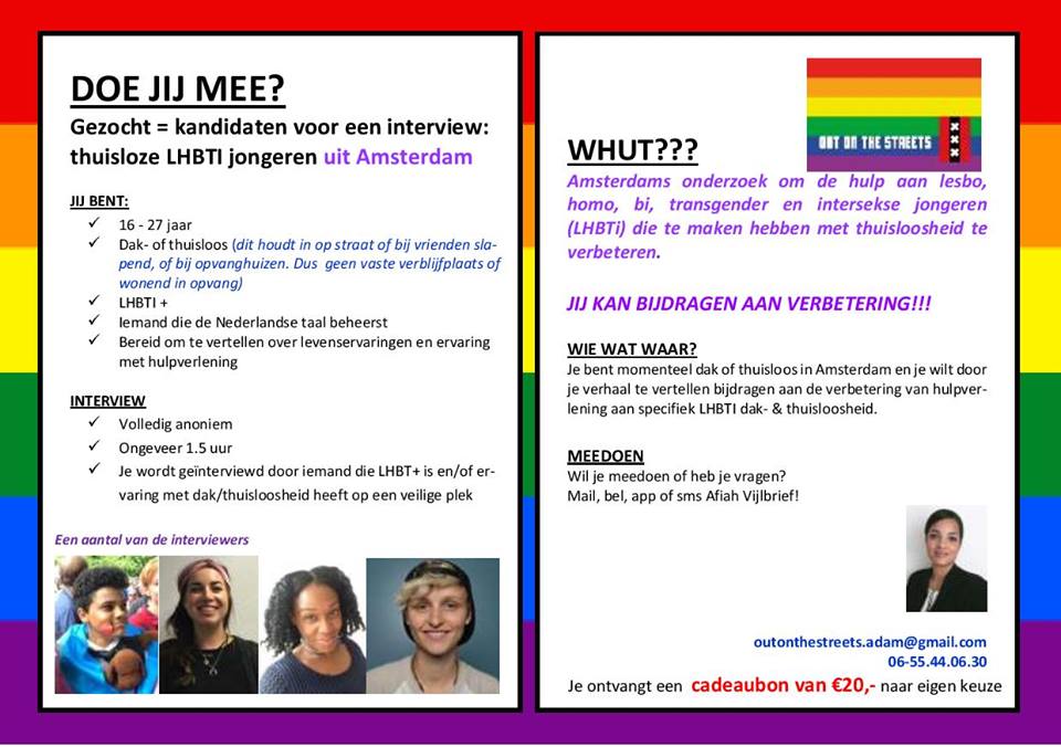 spiritjeugdhulp's tweet photo. Kandidaten gezocht voor een interview: thuisloze LHBTI jongeren uit Amsterdam. Doe mee en draag bij aan verbetering! https://t.co/7wB7PaXfSi