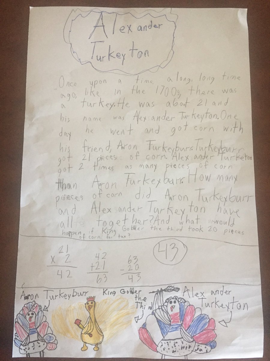 thefourstevens's tweet photo. Our 4th grader's assignment: create a Thanksgiving math story. #HamforThanksgiving @HamiltonMusical @Lin_Manuel https://t.co/yeBPM3or8f