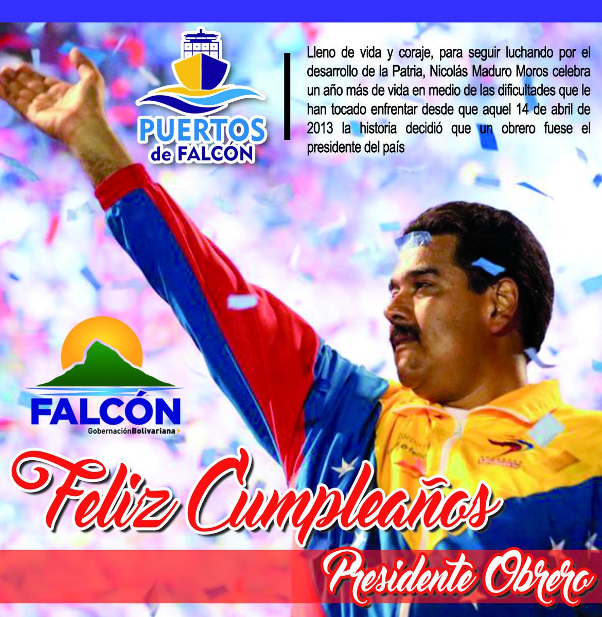puertosdefalcon's tweet photo. Feliz cumpleaños Presidente Obrero! Bendiciones para que sigamos construyendo la patria bonita! Abrazos desde #PuertosDeFalcon https://t.co/ghMSsU9TKN