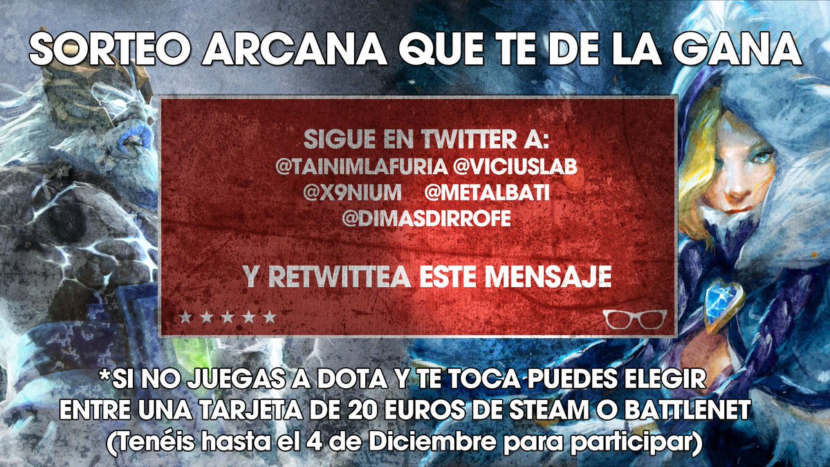viciuslab's tweet photo. Vicia@s! Llega el sorteo de sorteos con motivo del especial de 12 horas, LA ARCANA QUE TE DE LA GANA, solo con RT a este mensaje y siguiendo a @viciuslab @TainimLaFuria @x9nium @metalbati @DimasDirrofe Si no eres dotero tb hay premio! https://t.co/RZT1cb036s https://t.co/7uRbf8S54u