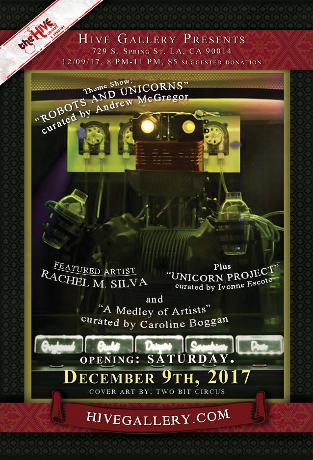 TwoBitCircus's tweet image. Our favorite combination of scrap metal is going to be featured at @thehivegallery in December alongside some other magical creatures! Hope you can check it out! [Curated by @MightyKingDrew] #RobotBartender #robots #unicorns #ArtisticThursday #ThirstyThursday