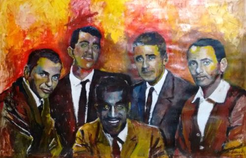 SinatraTribute's tweet photo. The #RatPack by artist Marcelo Neira.  Happy Thanksgiving from https://t.co/ycTx9viQv0 #FrankSinatra #DeanMartin #SammyDavisJr. #JoeyBishop #PeterLawford https://t.co/GosyylbLcW