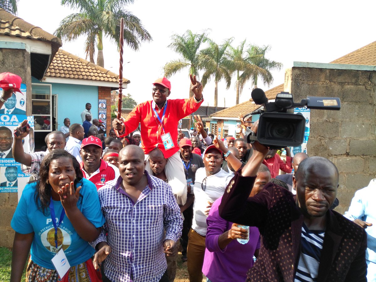 BrianAtuheire's tweet photo. @FDCOfficial1 presidential candidate @PatrickAmuriat carried by delegates at the headquarters as they show their support #FDCDecides. https://t.co/DKydbWVeeq