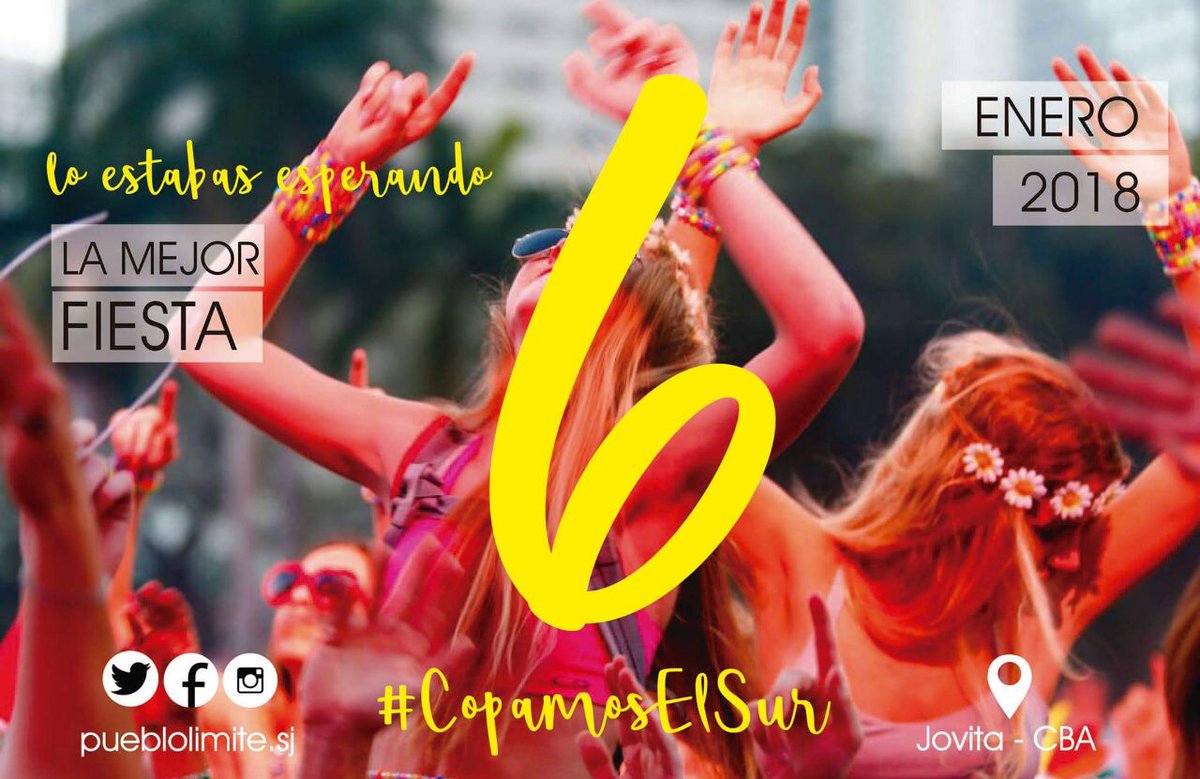 #6DeEnero PUEBLO LIMITE Jovita
      El Sur Se Viste De Fiesta
3 DJs en Vivo 🎶
# 3 sectores indor - outdor - Vip #
~ Barra tropical - Brewery bar ... ~
///Fanpage @pueblolimite_sj///
#VasABailar #Summer2018 #CopamosElSur