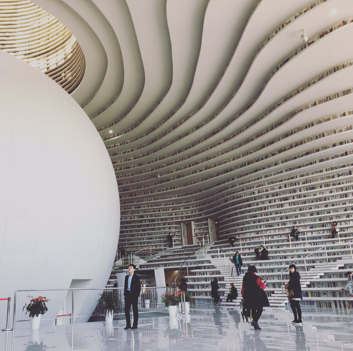 sararomeroe's tweet photo. Más que libros, los visitantes de esta biblioteca tienen en las manos el móvil para hacerse fotos. Edificio curioso pero la mayoría de los libros son pintados, falsos. Las prisas obligaron a cambiar el proyecto #Tianjin #China #BinhaiLibrary https://t.co/UrbQEo2VGn