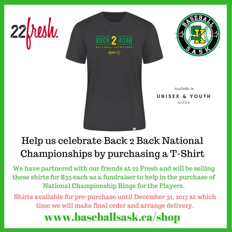 BaseballSask's tweet photo. We are pleased to partner with @22Fresh to launch a fundraising opportunity to raise money for players championship rings while celebrating our Back 2 Back National Championships of the 2016 @baseballcanada Cup and 2017 @CanadaGames 🥇. Order at https://t.co/RPomL3Zfai https://t.co/o3yuyWjX45