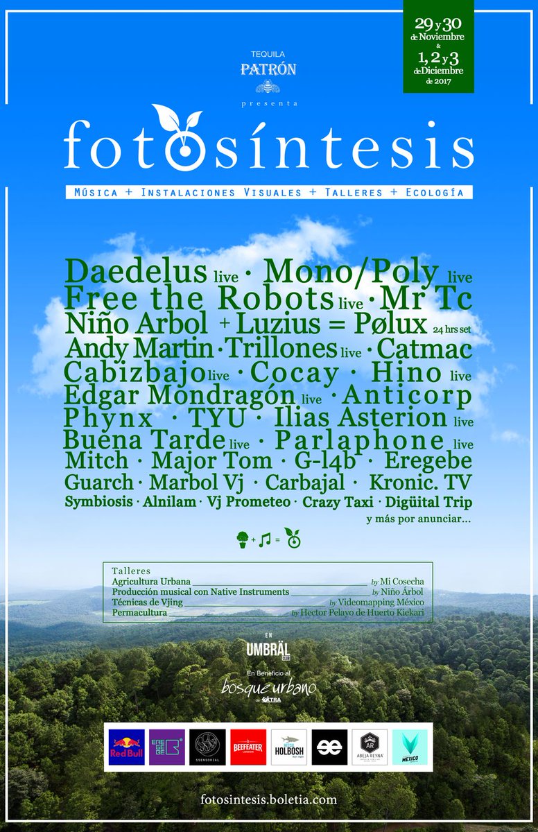 Celebración que une más de 30 artistas internacionales músicales y digitales durante 5 días en beneficio a una gran campaña de reforestación ecológica en Guadalajara.

🌱 Fotosíntesis 🌱: buff.ly/2iGqkiS
