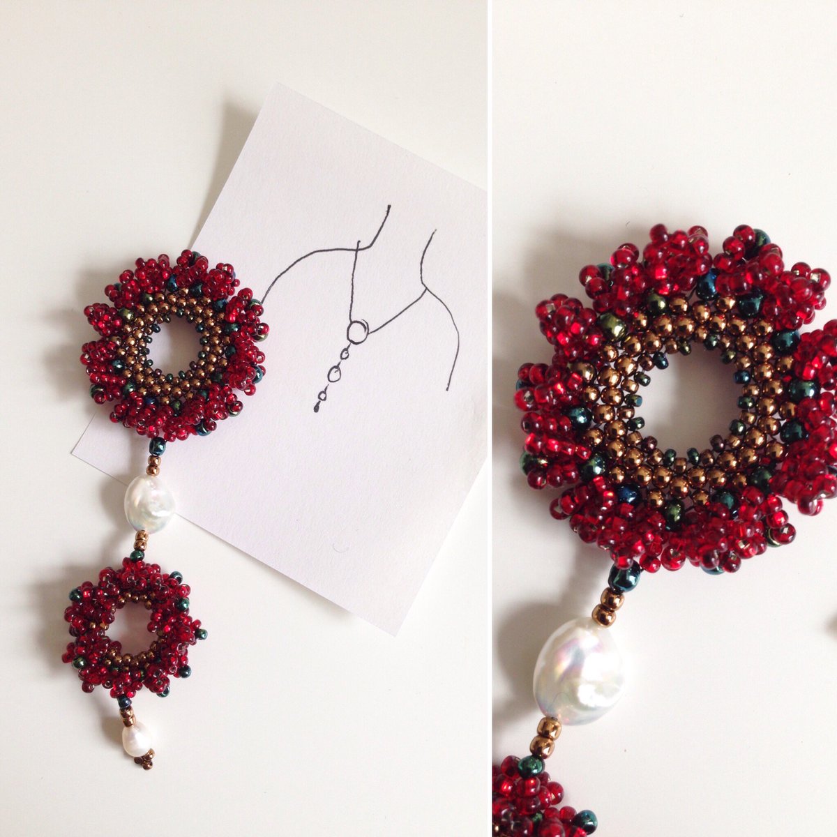 SunDropsStudio's tweet photo. Working on a new #necklace #design for the #holidays. Love the deep red of these sparkly #Czech #seedbeads with my beautiful new #keshi #freshwaterpearls. #handmadehour #handmadejewelry #seedbeads #beadstitching #beadweaving #kwartisan #christmas #giftsforher #red #green #pearls https://t.co/Pv91XIwlj8