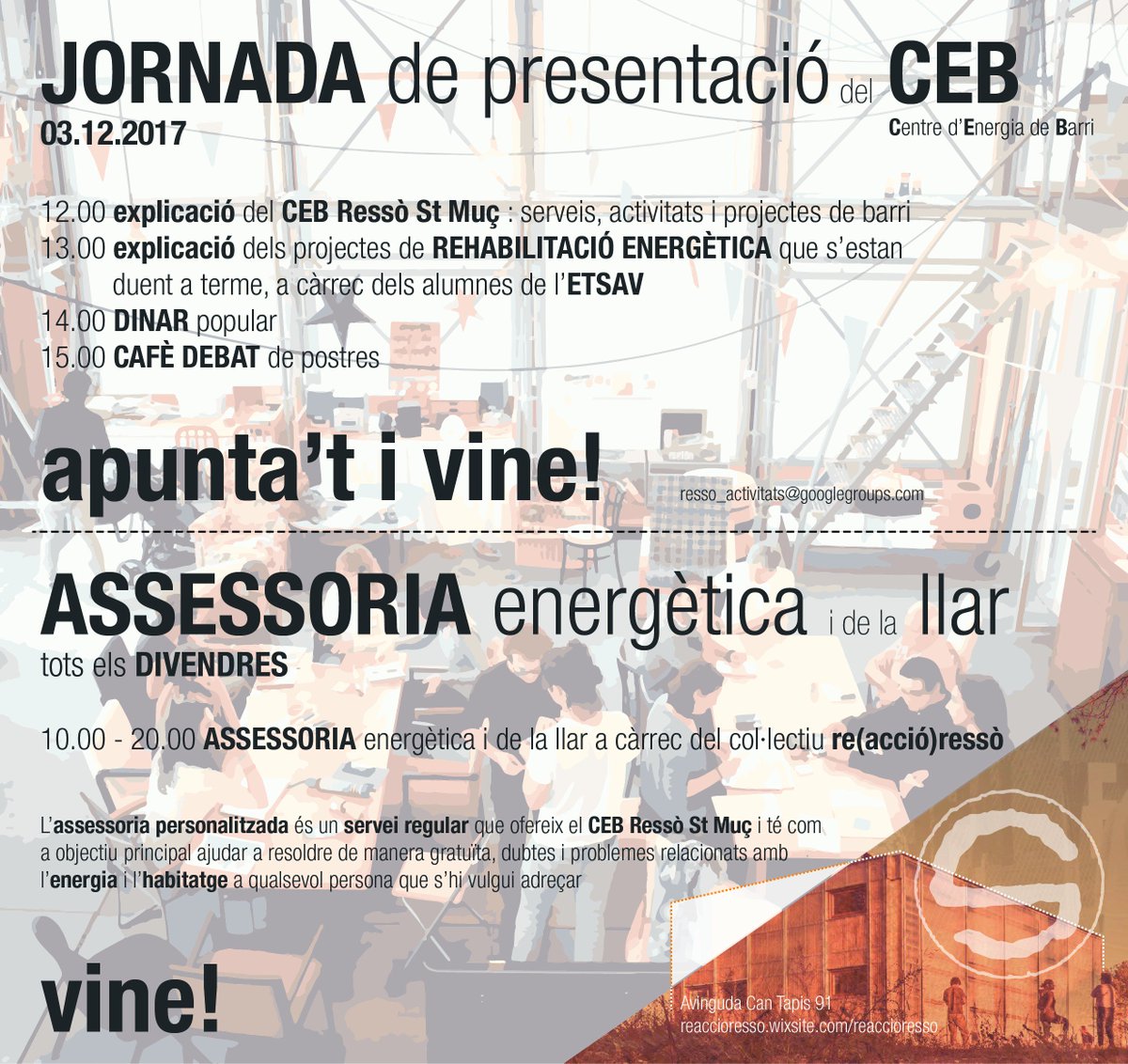 Vine a descobrir el CEB Ressò St Muç i informat de totes les activitats que et pot oferir. Iniciem amb la jornada de presentació del Centre d'Energia de Barri el dia 3 de Desembre