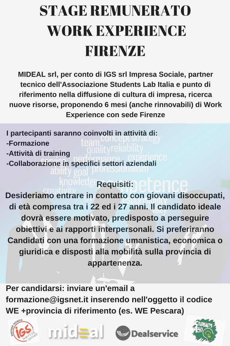 StudentsLabIta's tweet photo. Students Lab in partnership con MideaL @DEALServices @igsnet  propone 6 mesi di Work Experience su FIRENZE.
Per candidarsi inviare il cv all'indirizzo formazione@igsnet.i https://t.co/bmtz1EoWV1