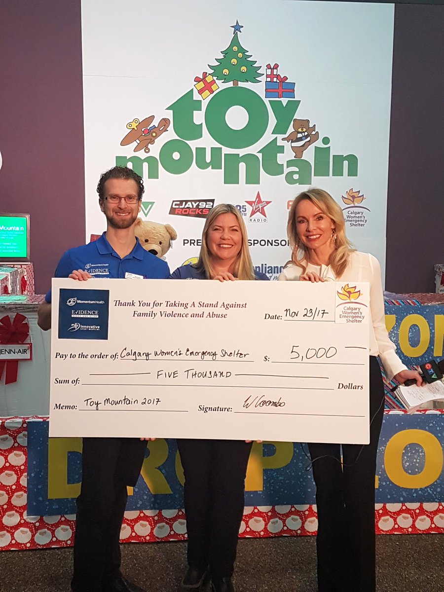 End_Abuse's tweet photo. Here we go! Big thanks to @MomentumTherapy for kicking off #toymountain2017 with this generous donation! Here's @CTVLaneFraser with representatives at the #TrailDropZone #endabuse #safe #yyc https://t.co/A6M2KLnjio