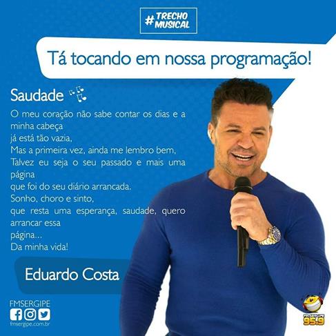 Eduardo Costa Meu Docinho A Twitteren Repost Fmsergipe Eduardocosta Toca Na Nossa Programacao Marque Ai Aquela Pessoa Que Tem Saudade Eeeee Musica Boa Canta Ai Fmsergipe Aracaju Sergipe Tatodomundoligado twitter