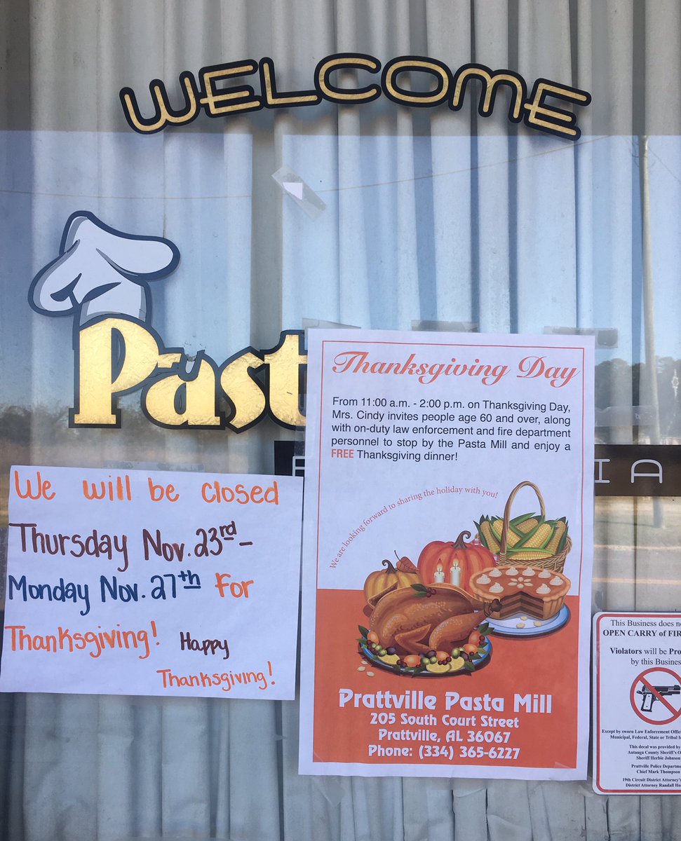 'Tis the season for giving, &amp; nobody I know does that better than Mrs. Cindy Stephens... she is the owner of the Pasta Mill in Prattville, &amp; today she is serving a FREE #Thanksgiving meal to First Responders &amp; people 60+ years old from 11a-2p.
Proud to know this sweet lady!! 👏🏻