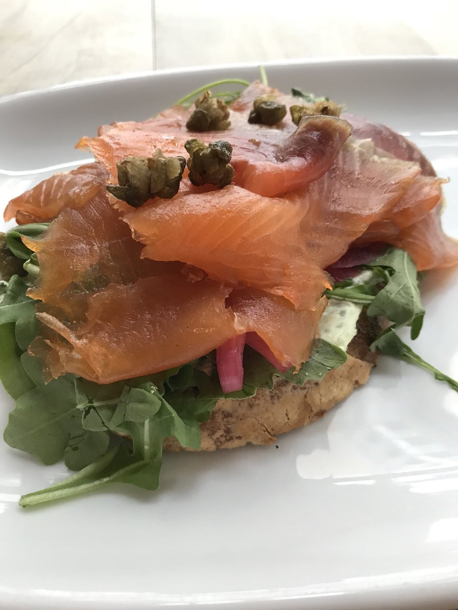 TheBauerKitchen's tweet photo. Our #DailySandwich is an open faced house smoked salmon with herb cream cheese, crispy capers, pickled onion & arugula on house made sourdough #whatsforlunchkw #eatlocal #fresh #sandwich #housemade https://t.co/J7XClGMOrL