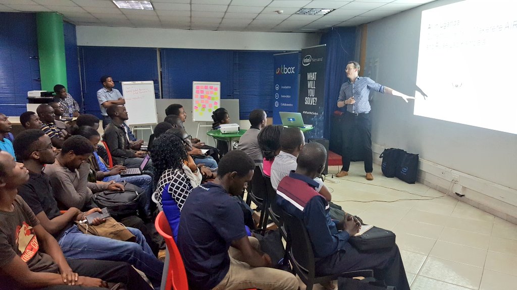 OutboxHub's tweet photo. John Quinn shares on his research projects on #ArtificialIntelligence with Software Developers at #IntelAIMeetup .@CoCISMak .@PulseLabKampala @intel @IntelNervana #WhatWeSolve #MachineLearning https://t.co/cZWSrvopVA