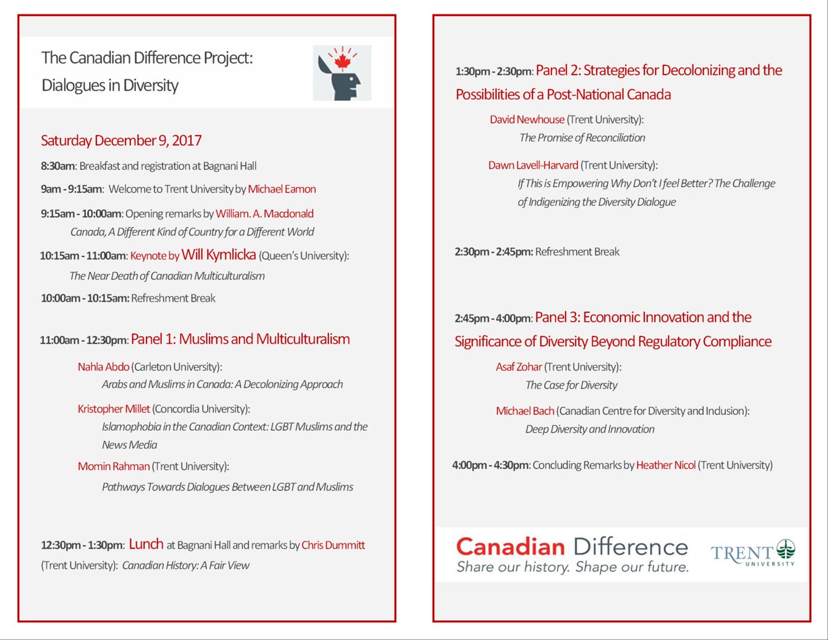 cdndifference's tweet photo. The Dialogues in Diversity program is now available! There will be lot of great talks on diversity and multiculturalism. The event is free and all are welcome. We hope to see you at 9am on December 9, 2017 @Traill_College @TrentUniversity https://t.co/jmy9gQmwLf